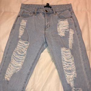 Light Denim Cropped Ripped Jeans